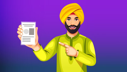 25 January India's National Voters Day. Indian man with a smiling face shows voter card in his hand- Concept of Election in India