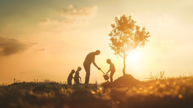 Farmer dad mom child planting tree Happy family team planting tree in sun spring time Silhouette of family with tree at sunset Family with shovel and watering can plants young trees sp : Generative AI