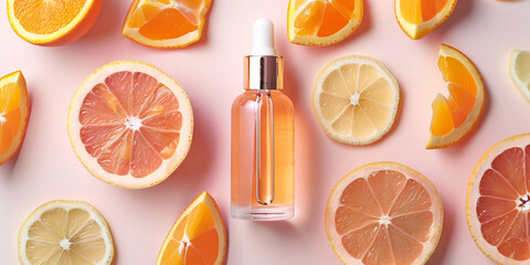 serum oil bottle, Fresh Citrus Fruit Slices, Lemon, Orange, Lime, and Grapefruit on Background