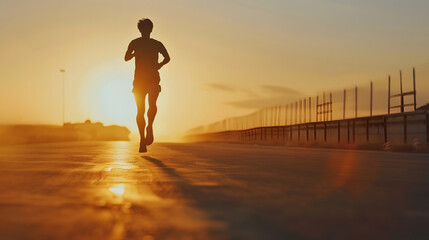 Silhouette of young man running sprinting on road Fit runner fitness runner during outdoor workout with sunset background : Generative AI