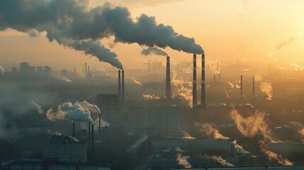 view of a factory with smoking chimneys poisoning the air. smog in the sky from emissions of industrial smoke and waste into the atmosphere