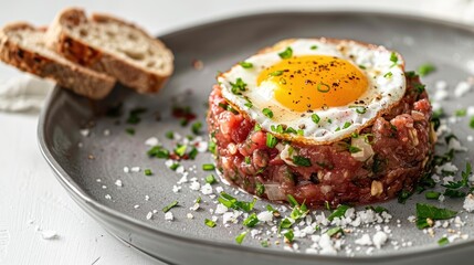 Beef tartare steak with egg and bread presented on a gray plate against a white backdrop