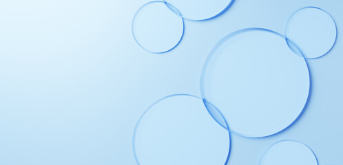 青色背景に円形のガラスが複数配置された背景素材。コピースペース。俯瞰。3D（横長）