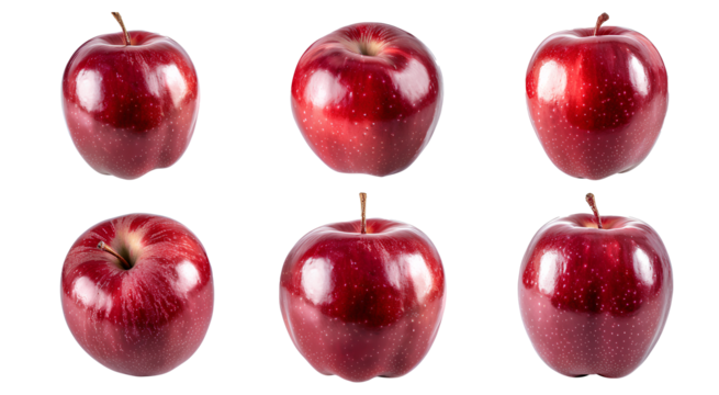 red apple, many angles and view side top front group sliced halved cut, isolated transparent background
