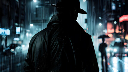 man spy agent detective in raincoat and hat in night city with rain in style of film noir Collage with dark male silhouettes : Generative AI