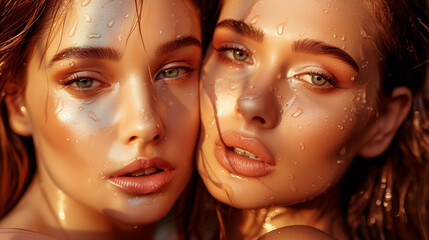 two beautiful sensual young girls with clear fresh young facial skin