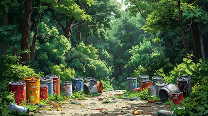 Fototapeta premium Contaminants, A forest clearing with illegal dumping of hazardous materials like paint cans and chemicals. Illustration image, Minimal Style, Clean and Clear Color,