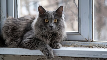 Grey cat with a fluffy coat resting on the window ledge - Powered by Adobe