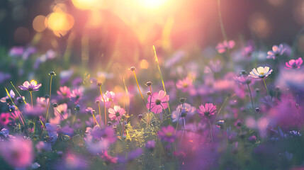 Beautiful cosmos flowers in the field with a sunlight background, with a soft focused and blurred style. A spring meadow full of colorful wildflowers at sunset