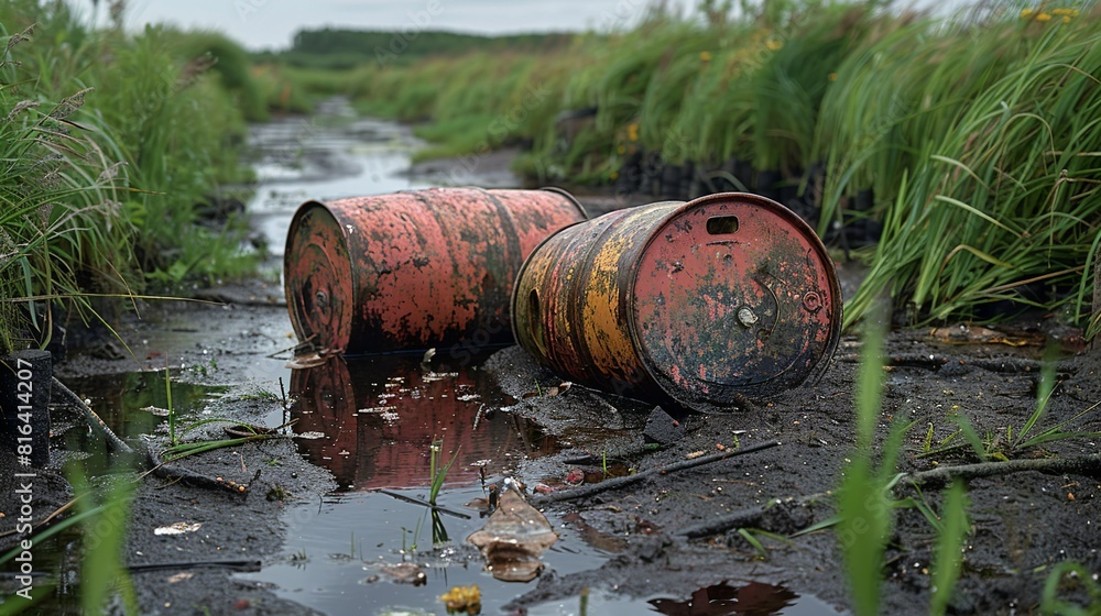 Sticker Contaminants, A photograph of industrial waste barrels leaking into a wetland area. Illustration image, Minimal Style, Clean and Clear Color,