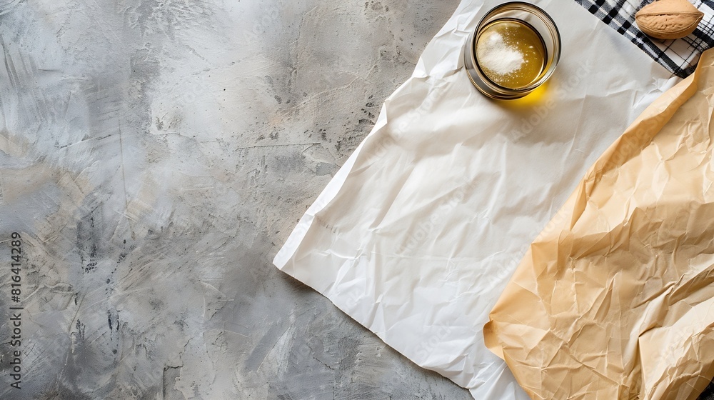 Poster top view with baking parchment empty on table background folded cloth for mockup with copy space fla