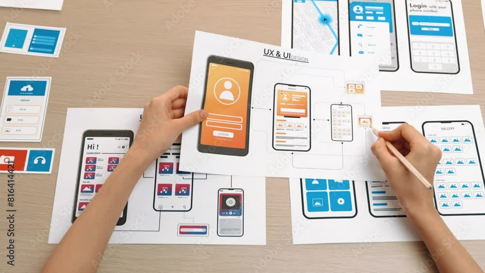 Poster startup company employee planning for user interface prototype for mobile application or website in 