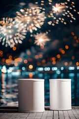 Pedestal for product display empty with fireworks festival and confetti background anniversary atmosphere