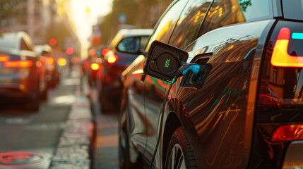 Naklejka premium Energy Subsidies Illuminating Clean Futures: Charging EVs in Urban, Eco-Friendly Innovation: Electric Vehicle Charging at Urban Station