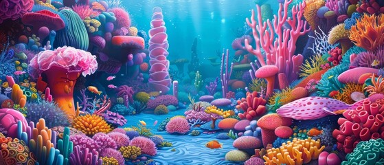 Underwater world with bright corals and exotic fishes , vibrant color