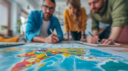 Three business people planning travel on world map in the office.