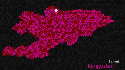 A map of Kyrgyzstan is presented as a mosaic with a dark background, and the country's borders are outlined in the shape of a colorful mosaic, centered around the capital city.