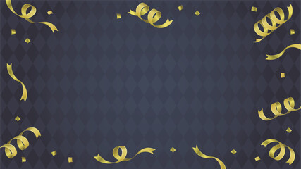 くるっとした金色リボンと紙吹雪の背景フレーム枠赤い(黒背景) © ナナメニコ