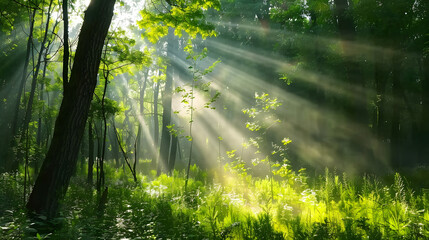 Beautiful green forest with tall trees and sunlight rays through the leaves, spring nature landscape background