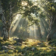 Obraz premium The photo shows a beautiful forest with green trees, grass, and sunlight shining through the trees.