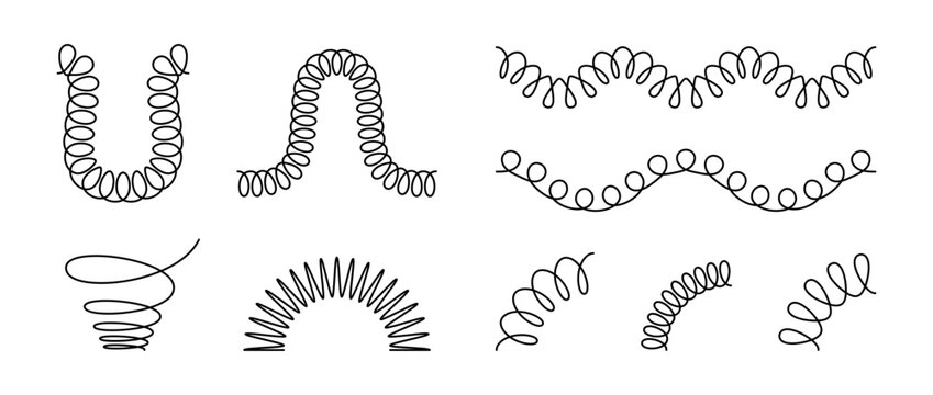 Spiral spring set. Black wire coil springs collection. Thin wire frames, zigzag lines, metal waves, flexible coils and arch elements pack for graphic design templates, decor, border. Vector bundle