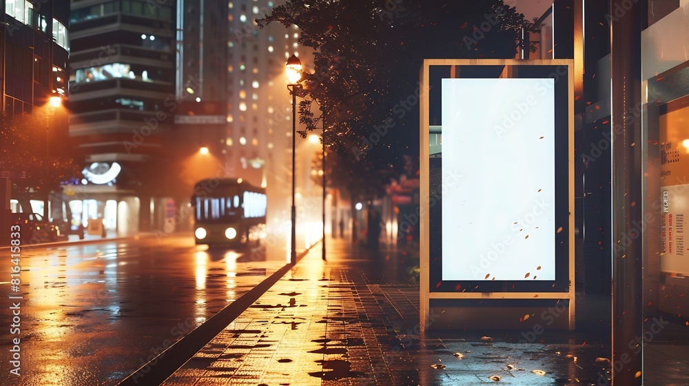 Poster mock up of blank white vertical light box on a bus stop in a city at night : generative ai