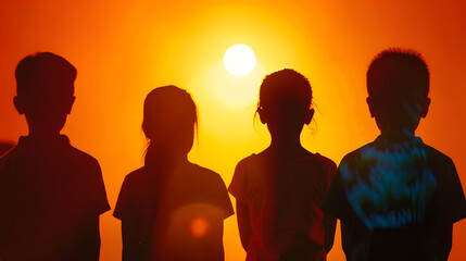 Silhouette back refugee kid groupResponsibleKid child boy and girl worshipWorld kids day Pray and worship Hope freedom Diverse FaithWorld refugee dayJuneteenth kidFriendsPotential unlo : Generative AI
