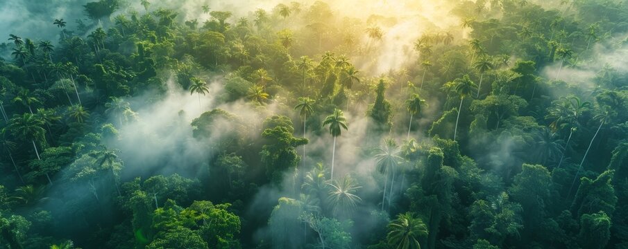 The image shows a lush green rainforest with a bright sun shining through the trees. The scene is shrouded in mist, creating a mystical and otherworldly atmosphere.
