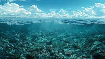 Contaminants, An image of a dead zone in the ocean, devoid of marine life due to chemical runoff. Illustration image, Minimal Style, Clean and Clear Color,