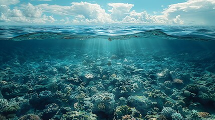 Contaminants, An image of a dead zone in the ocean, devoid of marine life due to chemical runoff. Illustration image, Minimal Style, Clean and Clear Color,