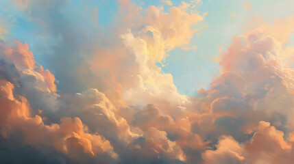 Background of Renaissance cloud sky Painting: Peach, Coral, Golden Clouds at Dawn Against Blue Sky - Beautiful Art 