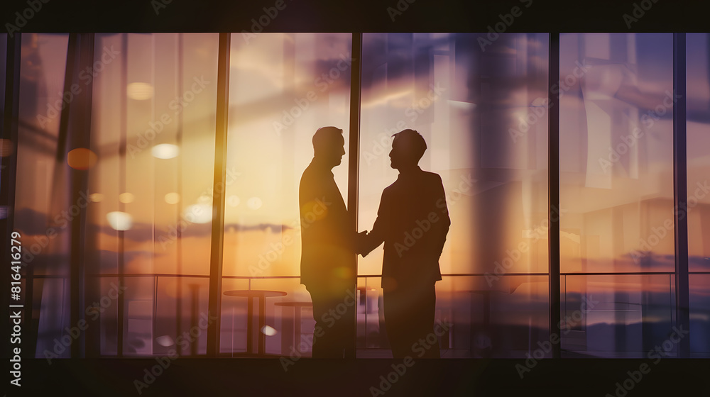 Poster silhouette of two businessmen handshaking together while standing near window with dusk sunlight bac