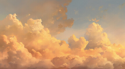 Background of Renaissance cloud sky Painting: Peach, Coral, Golden Clouds at Dawn Against Blue Sky - Beautiful Art 