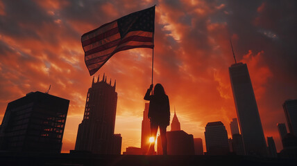a silhouette of a woman holding a flag with the word united states on the top