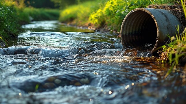 Contaminants, An image of a sewage outflow pipe discharging into a river. Illustration image, Minimal Style, Clean and Clear Color,