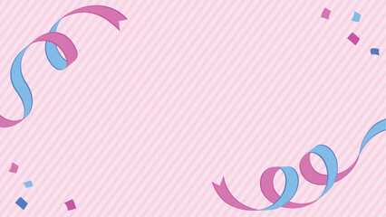 くるっとしたピンクと青のリボンと紙吹雪の背景フレーム枠