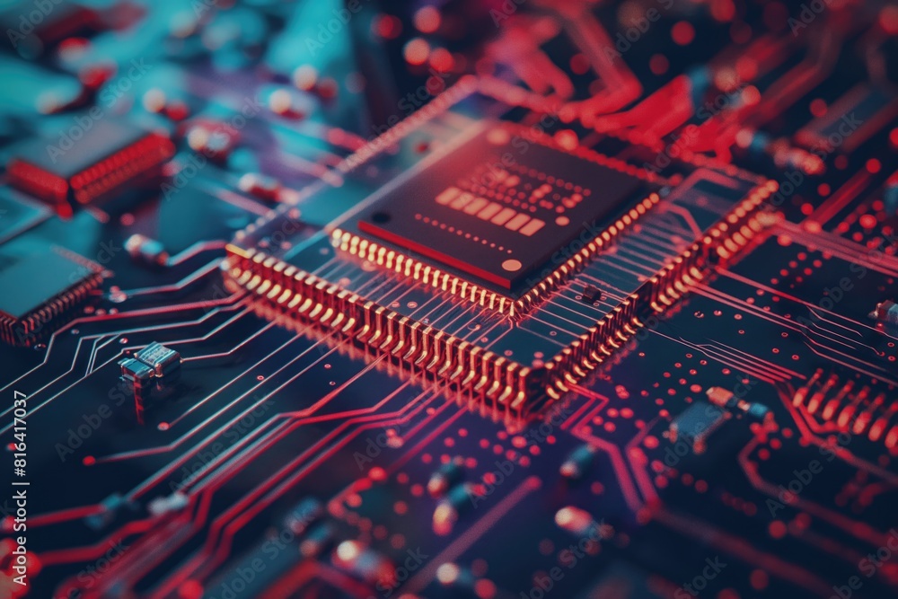 Poster detailed view of a computer circuit board showing intricate paths and components