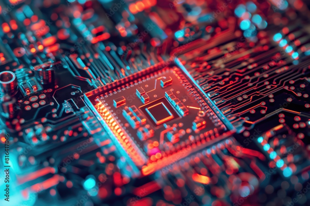 Poster a microchip on a circuit board highlighted by neon lights