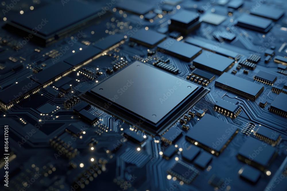 Poster a detailed look at a microchip and circuitry with a cool blue hue