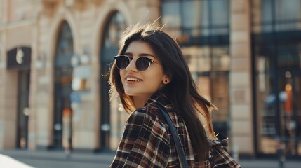 Fashion Young stylish woman walking on the city street looking back camera smiling playful : Generative AI