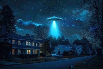 Photo of an alien ship hovering over the houses in an American town at night, with a glowing light beam coming out from the bottom of the UFO, in a blue color tone,
