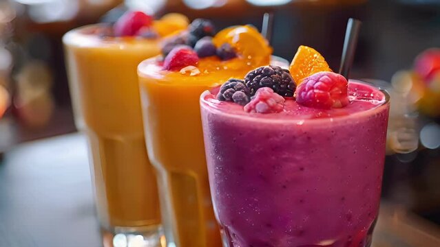 A quartet of refreshing fruit smoothies made with plantbased milk and fresh berries.