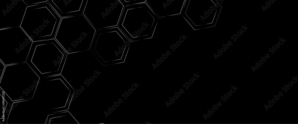 Poster vector black abstract background with simple hexagon elements with glowing hexagon geometric lines.