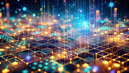Technology background with connected dots on 3D wave landscape. Data science, particles, digital world, virtual reality, cyberspace, metaverse concept