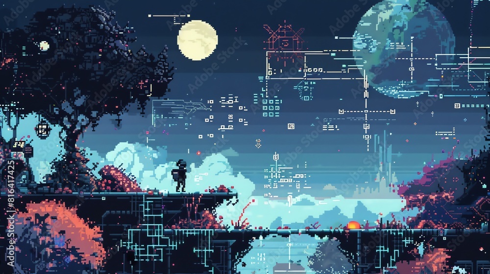 Poster the image is a pixelated landscape with a man standing in the foreground. the background is filled w