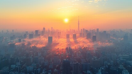 Contaminants, An image of smog hanging over a city, obscuring the skyline. Illustration image, Minimal Style, Clean and Clear Color,