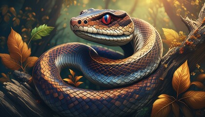 Fototapeta premium Make a coiled jergon snake (botrhus pictus) in the shape of an s with a pattern on the body of a series of dorsolateral spots that are rectangular or trapezoidal in shape and extend from the first row