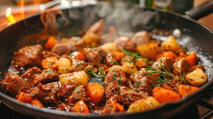 Cooking a mixture of meat potatoes and carrots in a black pan