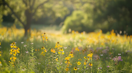 Beautiful prairie wildflower meadow at midday, landscape photography, soft focus and blur