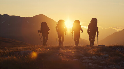 Silhouettes of four young hikers with backpacks are walking in mountains at sunset time : Generative AI